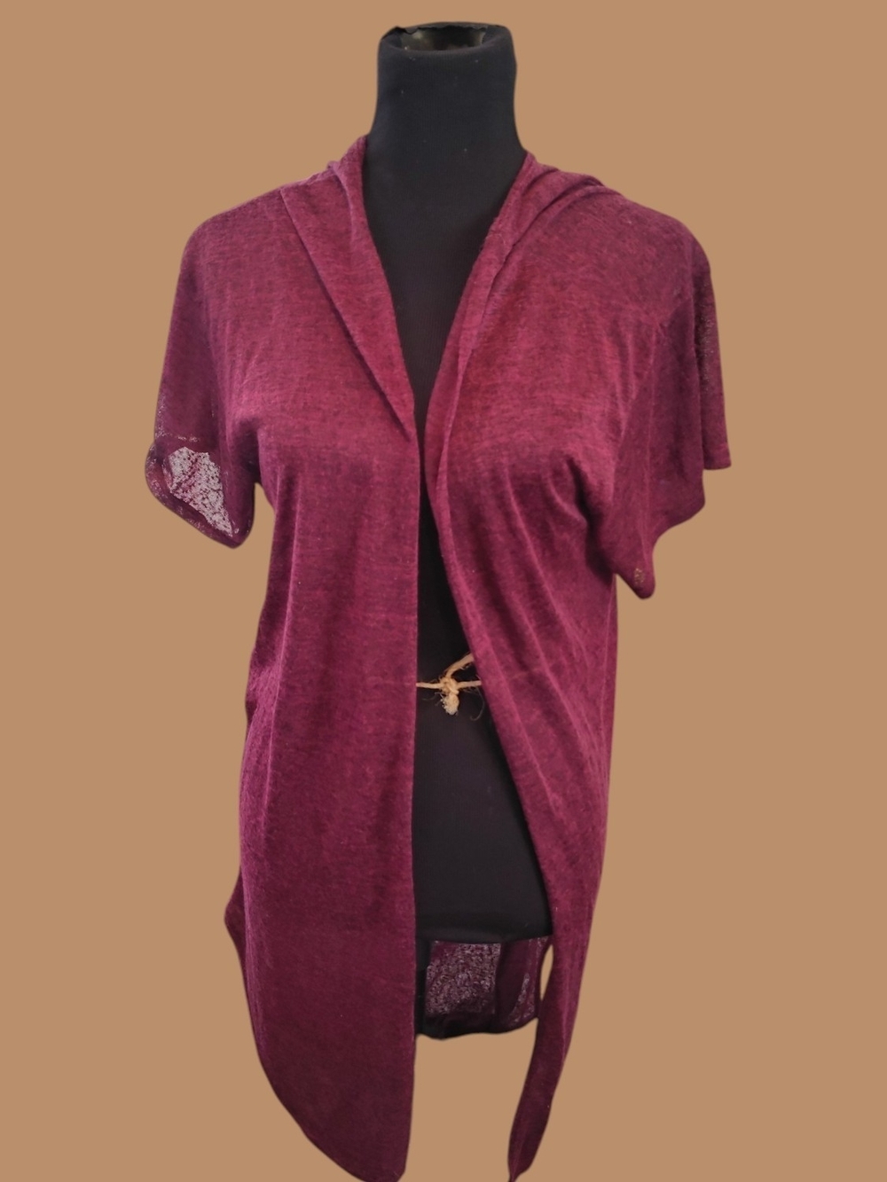 Women's Burgundy Open-Front Sheer Cardigan Sweater